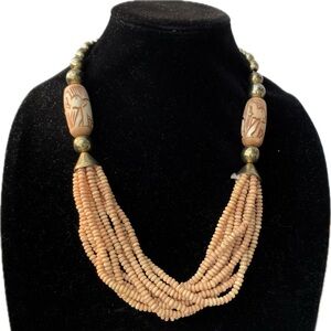 Lucky Brand lightweight wood Beaded Necklace layered elephant Carved Accents 24”